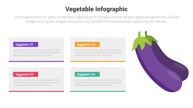 Vector diagrama de plantilla de infografías frescas y saludables con berenjena 4 puntos paso diseño creativo para presentación de diapositivas vectorial