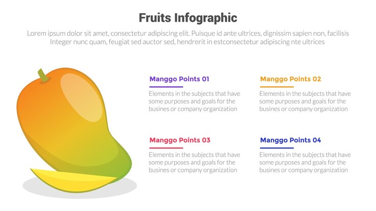 Vector diagrama de plantilla de infografías de frutas frescas y saludables de mango con diseño creativo de pasos de 4 puntos para la presentación de diapositivas vectorial