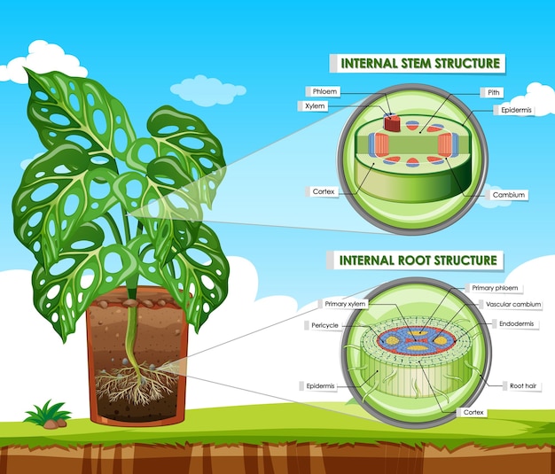 Vector diagrama que muestra la estructura del tallo y la raíz.