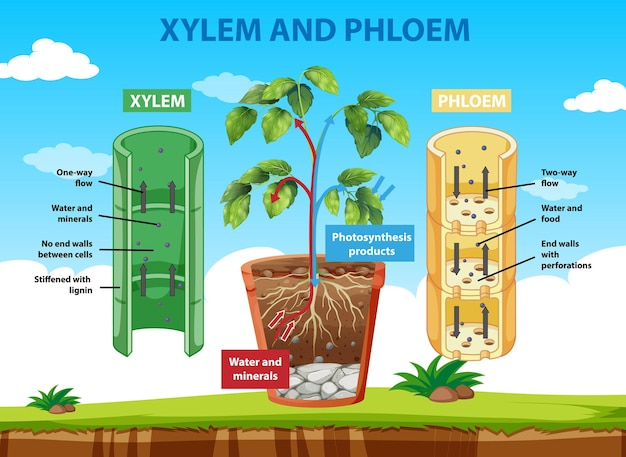 Diagrama que muestra el xilema y el floema de la planta.