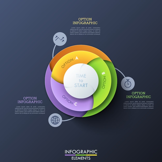 Vector diagrama redondo dividido en tres sectores espirales coloridos conectados con iconos de líneas finas y cuadros de texto. elemento de la interfaz del sitio web.