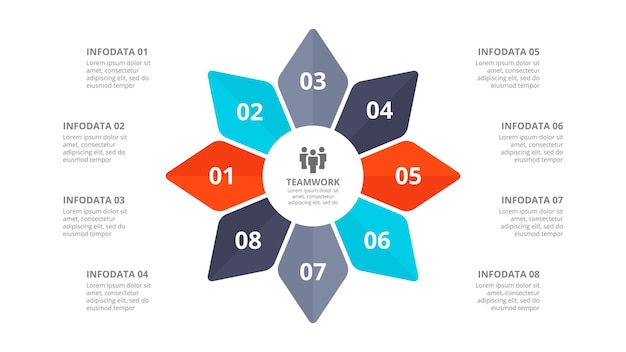 Diagrama resumido infográfico con 8 opciones ilustración vectorial plana para presentación de negocios