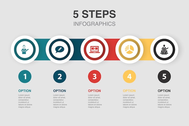 Diagrama del software de presentación del tema del profesor Iconos de la conferencia Plantilla de diseño de diseño infográfico Concepto de presentación creativa con 5 pasos
