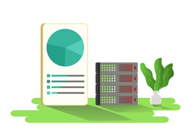 Diagrama de tableta de diseño plano en la verificación de concepto aislado de la red de nube digital de copia de seguridad del servidor de datos
