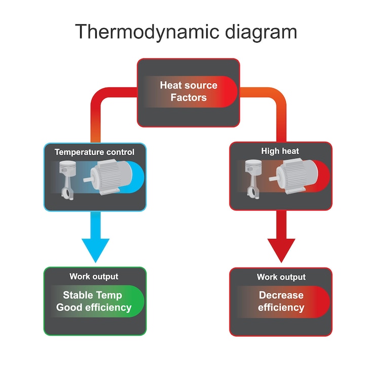 Vector diagrama termodinámico explicación del diagrama la temperatura de la fuente de calor disminuye cuando pasa el sistema de enfriamiento para controlar la temperatura estable xa
