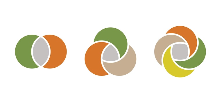 Vector diagrama de venn círculos gráfico infográfico iconos vectoriales para la interfaz de usuario de la aplicación del sitio web sobre fondo blanco