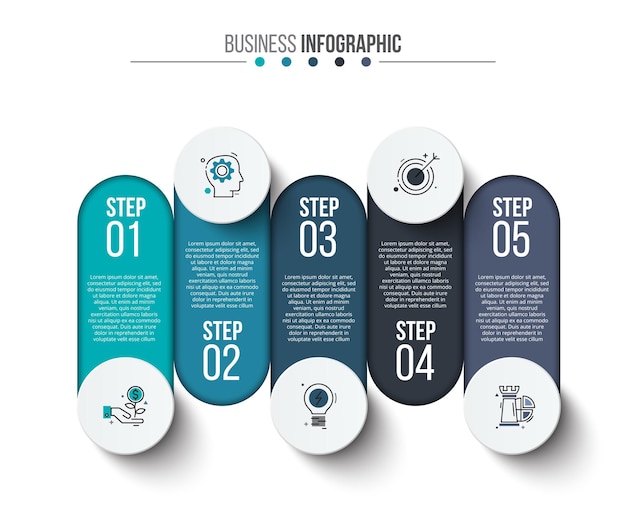 Diagramas de banner vertical con 5 elementos redondeados.