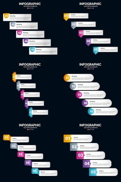 Diagramas de ciclo de 5 pasos y líneas de tiempo plantilla de diapositiva de vector de presentación de paquete de 6 infografías