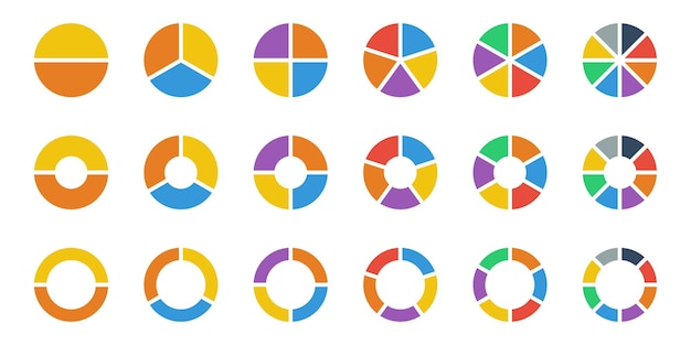 Diagramas de gráficos circulares. Gráfico circular circular. Infografía de 2, 3, 4, 5, 6, 8 segmentos. Círculo de negocios.