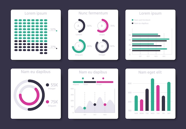 Diagramas de gráficos modernos Tablero de gráficos de análisis financiero Plantillas de interfaz de interfaz de usuario del sitio web Conjunto de ilustración de vector plano