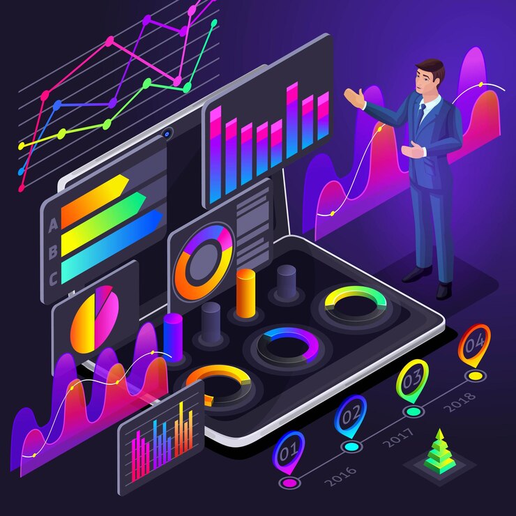 Vector diagramas holográficos isométricos gráficos análisis financiero en la pantalla del teléfono inteligente ilustración brillante