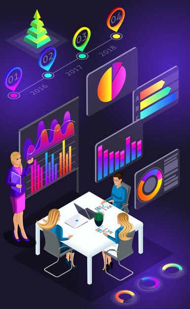 Diagramas holográficos isométricos gráficos análisis financiero en la pantalla del teléfono inteligente ilustración brillante