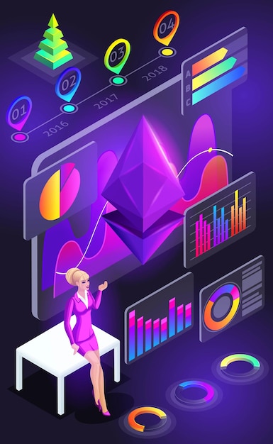 Diagramas holográficos isométricos gráficos análisis financiero en la pantalla del teléfono inteligente ilustración brillante
