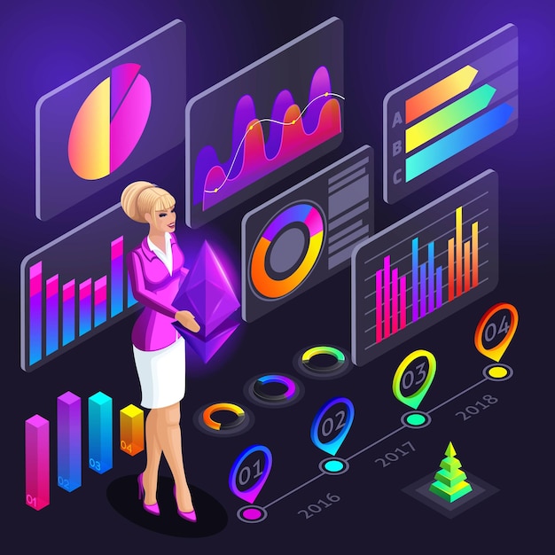 Diagramas holográficos isométricos gráficos análisis financiero en la pantalla del teléfono inteligente ilustración brillante