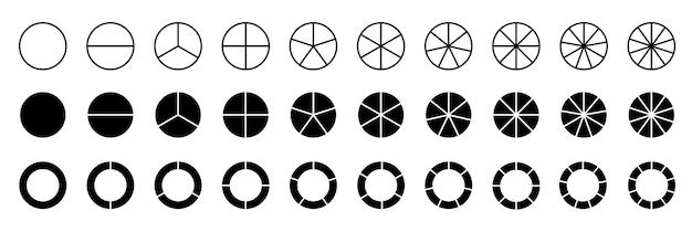 Diagramas de torta Conjunto de círculos Conjun to de círculos segmentados Elemento infográfico Forma redonda Ilustración vectorial