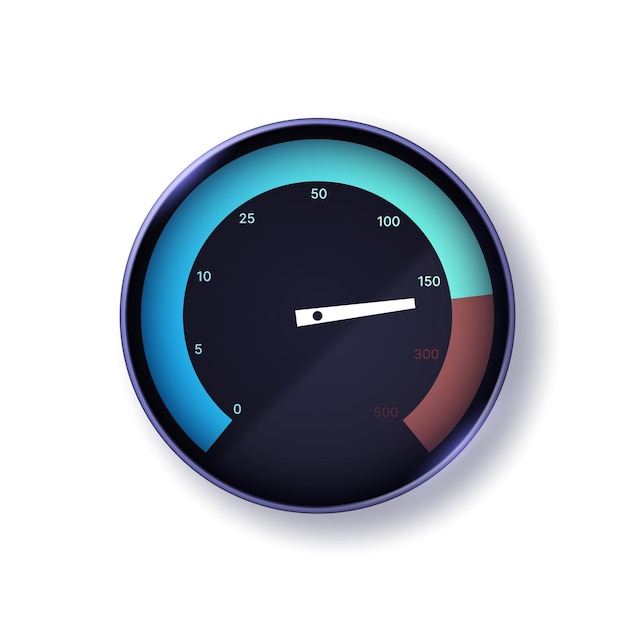 Dial de un medidor de velocidad de Internet futurista ancho de banda de la red de conexión web o información en forma de un velocímetro Ilustración vectorial 3d