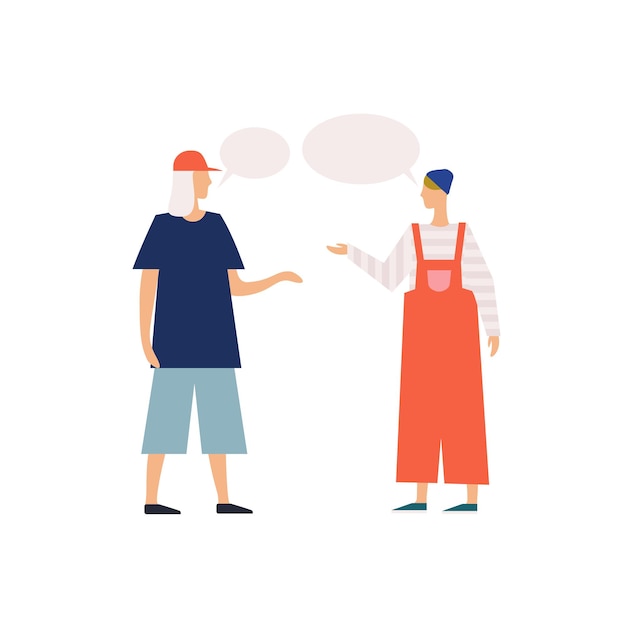 Diálogo de dos jóvenes dibujos animados modernos con burbujas de discurso vector ilustración plana. Comunicación adolescente masculino y femenino entre sí aislado sobre fondo blanco. Carácter de la gente chismeando.