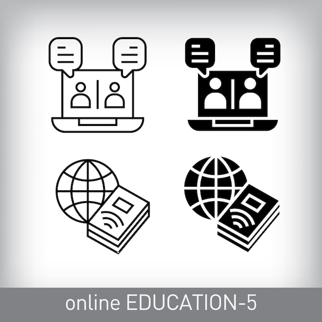 Diálogo mutuo y diseño global de libros en línea Conjunto de iconos de educación en línea lineal y plano simple