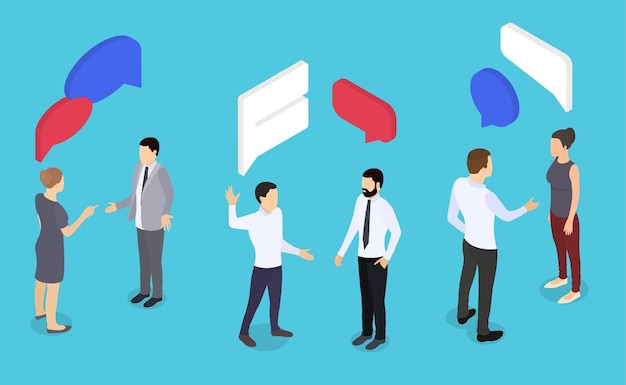 Diálogos de empresario y empresaria. Burbujas de discurso en vista isométrica. Conversación de hombre y mujer. Reunión de negocios. Ilustración de vector de chat de personas.