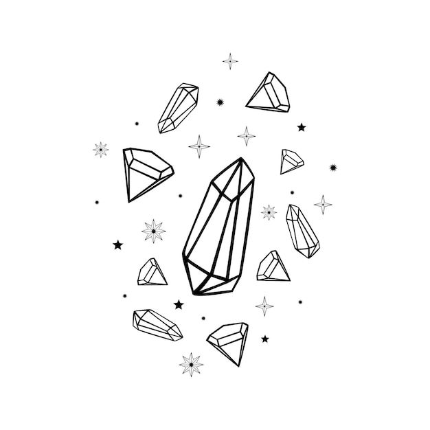 Diamantes y estrellas dibujados a mano para la decoración. Símbolo brillante, signo, icono. Talismán aislado sobre fondo blanco.