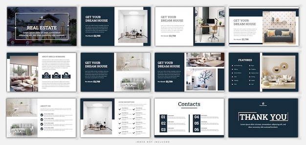 Diapositivas de presentación de bienes raíces de Powerpoint uso de diseño editable para infografía y diapositiva corporativa