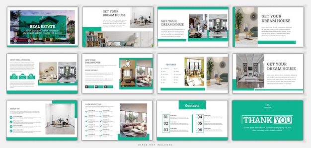 Diapositivas de presentación de bienes raíces de Powerpoint uso de diseño editable para infografía y diapositiva corporativa
