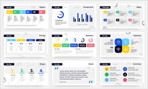 Diapositivas de presentación páginas infográficas diagramas analíticos o estadísticos conjunto de plantillas de secuencias de diagramas de flujo gráficos de comparación de información visualización de informes vectoriales con espacio de copia