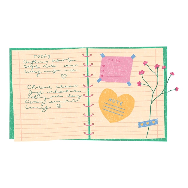 Diario de cuaderno abierto con notas adhesivas cinta washi de flores secas ilustración de vector dibujado a mano aislado sobre fondo blanco