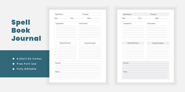 Diario del libro de hechizos y página imprimible de registro mínimo