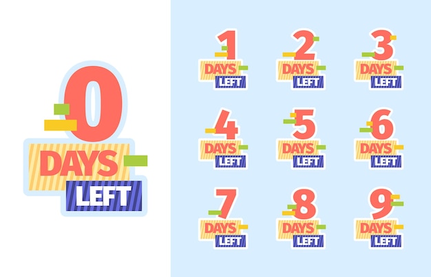 Días restantes. Límites de tiempo de cuenta regresiva insignias comerciales promocionales con números para publicidad en el mercado de venta