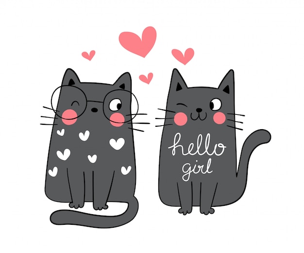 Dibuja el amor de pareja del gato negro en vivo para el día de san valentín.