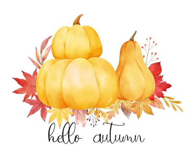 Dibuja un arreglo de calabaza de otoño con hojas rojas para el Día de Acción de Gracias de otoño