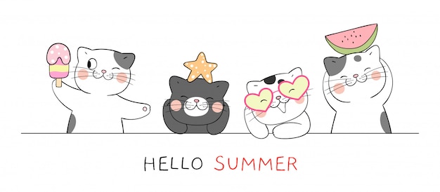 Dibuja banner gato gracioso para la temporada de verano.