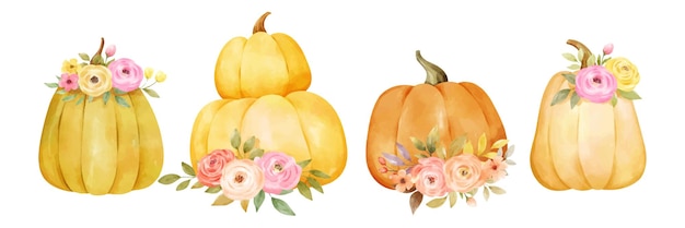 Dibuja una calabaza amarilla con un arreglo floral Para el otoño Otoño