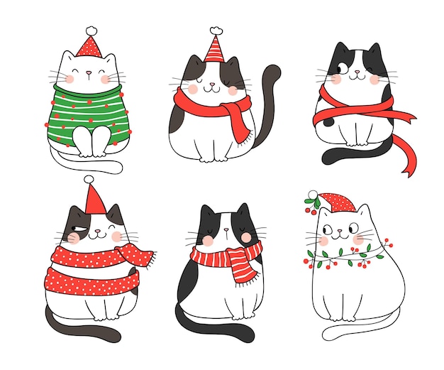 Dibuja una colección de gatos graciosos para invierno y año nuevo.