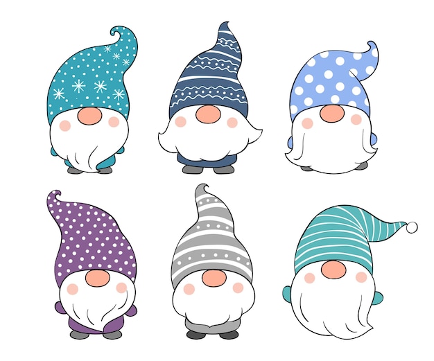 Dibuja una colección de gnomos lindos para la temporada de invierno.