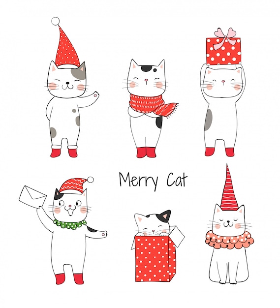 Dibuja colección lindo gato para Navidad y año nuevo.