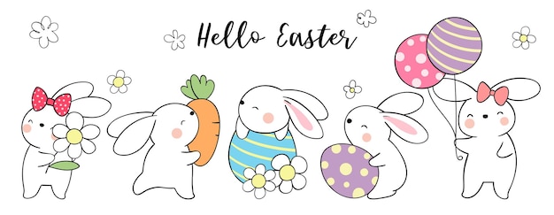 Dibuja un conejito de pancarta con huevos para Pascua y primavera.