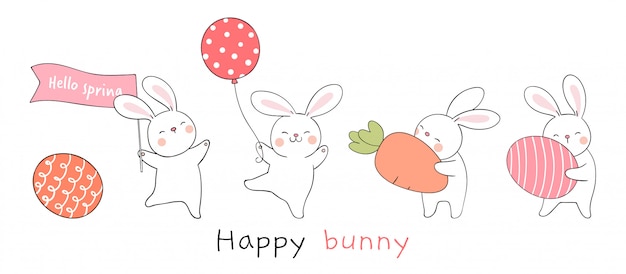 Dibuja un conejo con huevo y zanahoria en color blanco Para la primavera.
