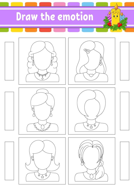 Dibuja la emoción Hoja de trabajo completa la cara Libro para colorear para niños Personaje alegre Silueta de contorno negro