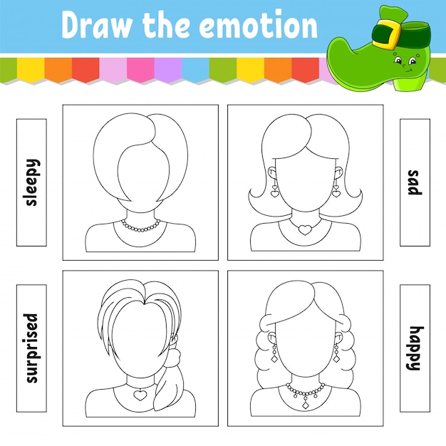 Dibuja la emoción. hoja de trabajo completa la cara. libro para colorear para niños.