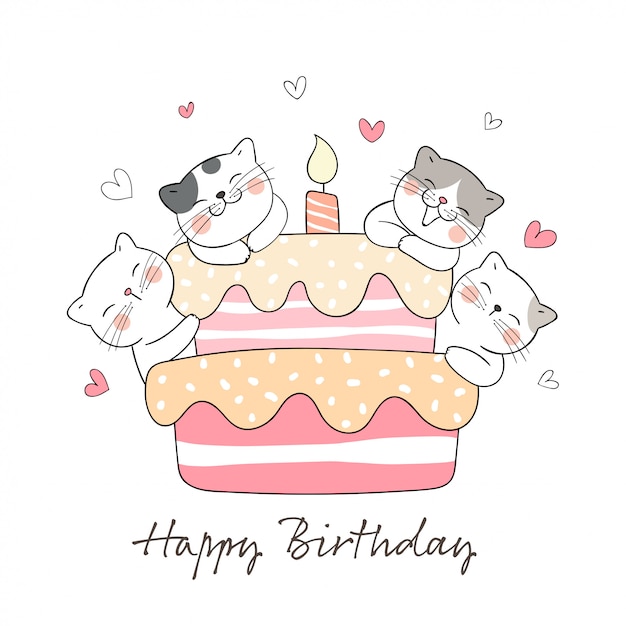 Dibuja gato con dulce pastel para cumpleaños.