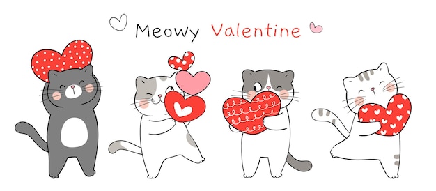 Dibuja un gato gracioso banner con corazón rojo para el día de san valentín.