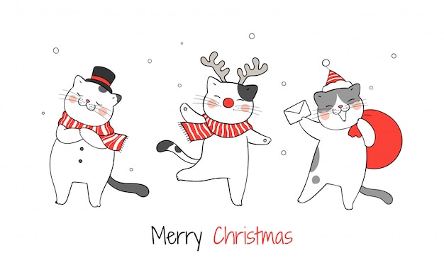 Dibuja gato gracioso para el día de Navidad y año nuevo.