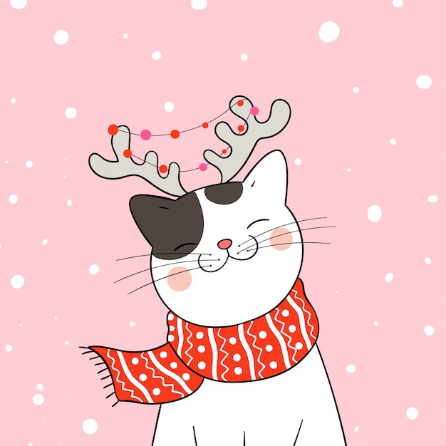 Dibuja un gato con un pañuelo rojo en la nieve para Navidad y año nuevo.
