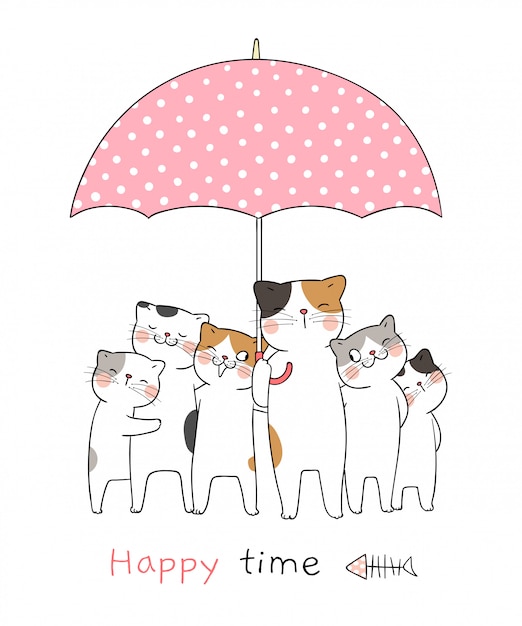 Dibuja gato con paraguas dulce tan feliz