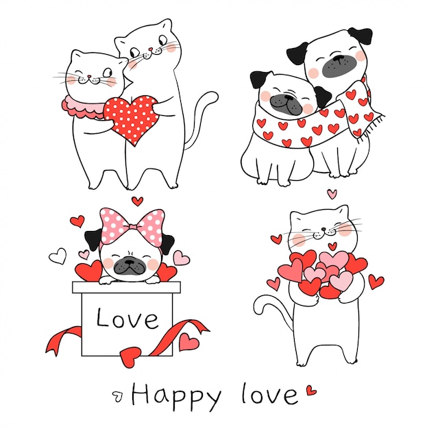 Vector dibuja el gato y el perro pug con poco corazón para el día de san valentín