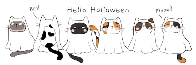 Dibuja gatos fantasmas para halloween estilo de dibujos animados doodle