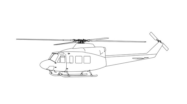 Se dibuja un helicóptero en blanco y negro.