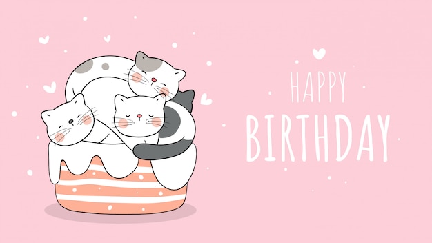 Dibuja un lindo gato durmiendo en el pastel para el cumpleaños.